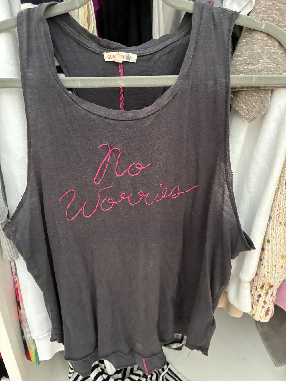 Sundry size 0 No Worries Embroidered Tank Top - Charcoal with Pink Accent
